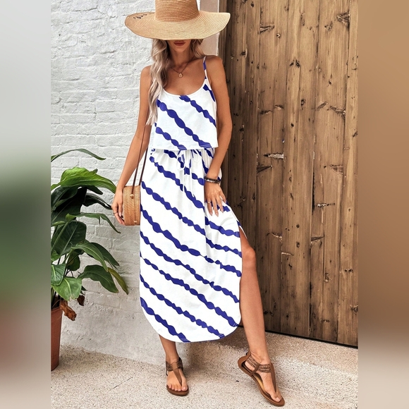 Dresses & Skirts - Tie-Dye Black & White Striped Midi Dress With Ruffled Hem And Drawstring Waist F